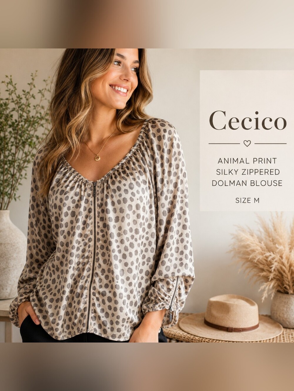 Cecico animal print silky zippered dolman blouse sz M #1406